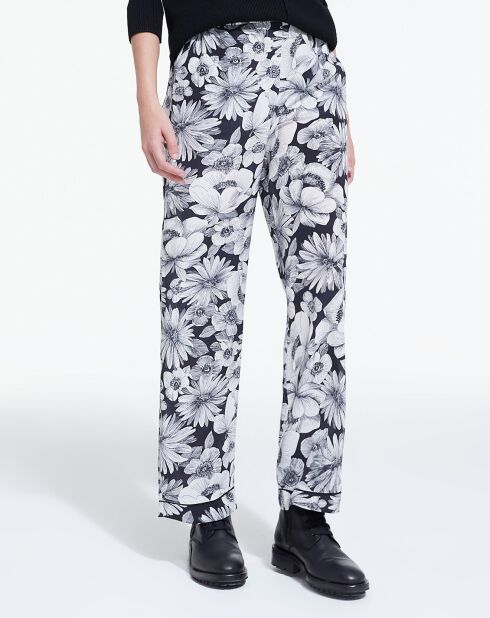Pantalon 100% Soie Romantic Garden noir/blanc