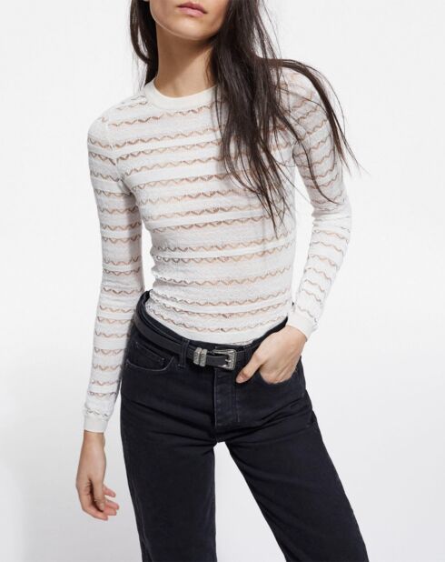 Pull en Laine mélangée Pointelle avec détails Brodés beige clair
