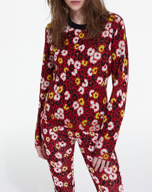 Pull 100% Laine col rond en Jacquard Fleurie rouge foncé