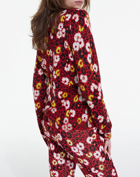 Pull 100% Laine col rond en Jacquard Fleurie rouge foncé