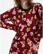 Pull 100% Laine col rond en Jacquard Fleurie rouge foncé