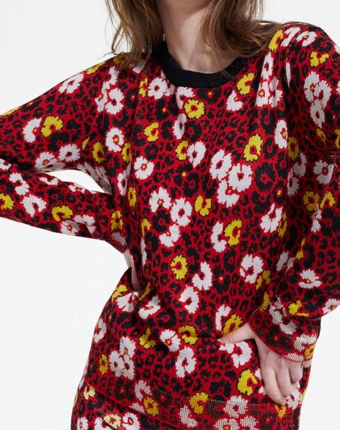 Pull 100% Laine col rond en Jacquard Fleurie rouge foncé
