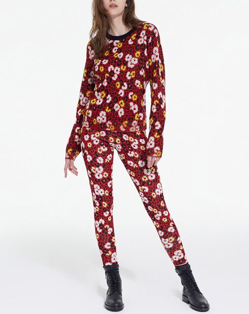 Pull 100% Laine col rond en Jacquard Fleurie rouge foncé