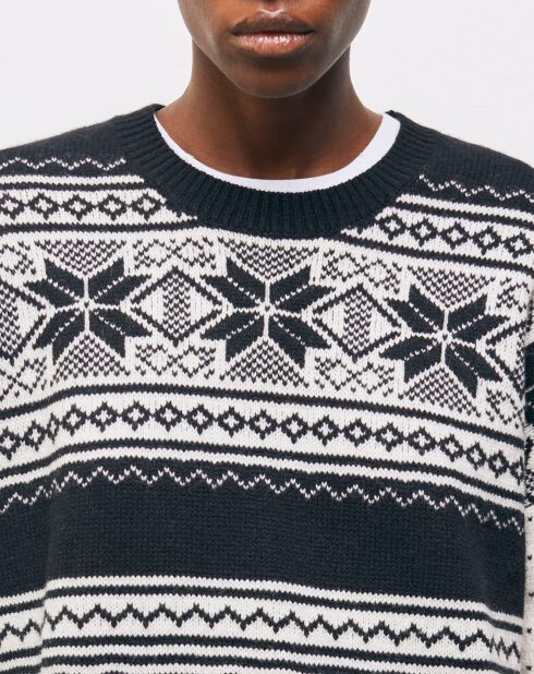 Jacquard-Pullover mit Rundhalsausschnitt aus 100% Wolle mit kontrastfarbenem Rippstrick in Schwarz/Rot/Weiß