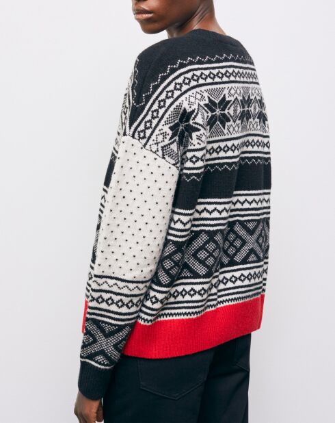 Jacquard-Pullover mit Rundhalsausschnitt aus 100% Wolle mit kontrastfarbenem Rippstrick in Schwarz/Rot/Weiß