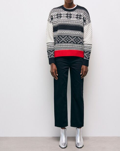 Jacquard-Pullover mit Rundhalsausschnitt aus 100% Wolle mit kontrastfarbenem Rippstrick in Schwarz/Rot/Weiß