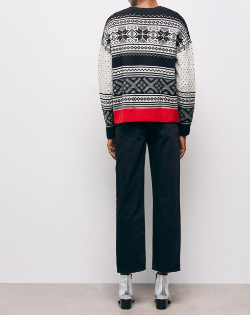 Jacquard-Pullover mit Rundhalsausschnitt aus 100% Wolle mit kontrastfarbenem Rippstrick in Schwarz/Rot/Weiß