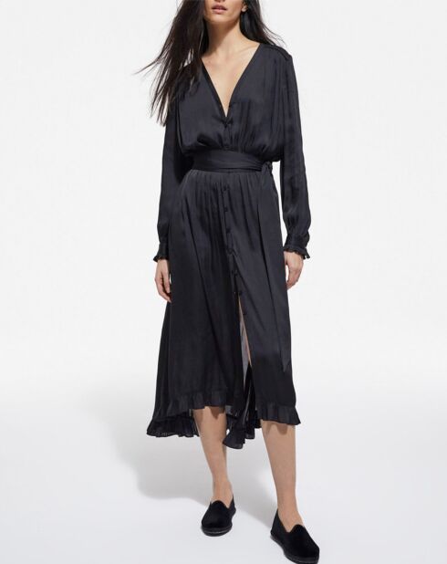 Robe Longue manches longues Boutons Fleurs noire