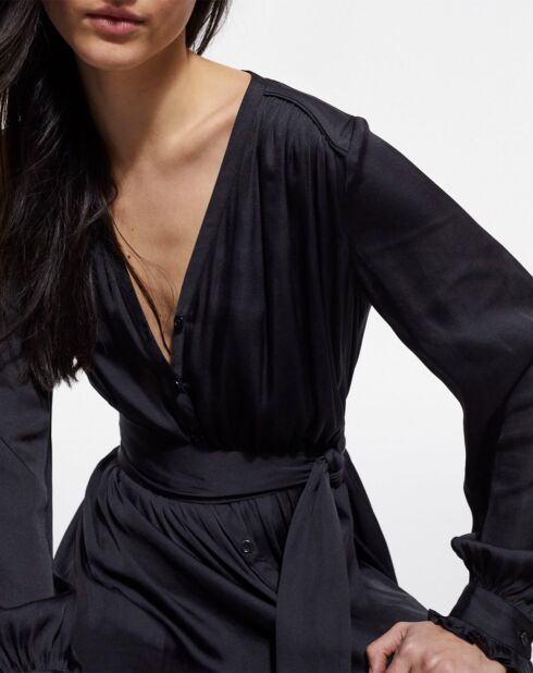 Robe Longue manches longues Boutons Fleurs noire