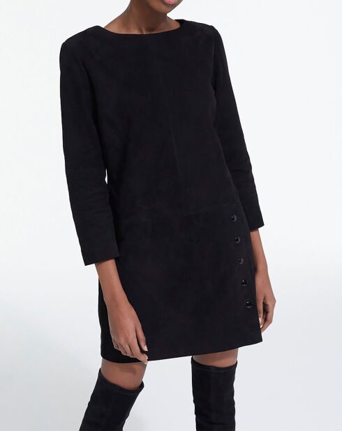 Robe courte en Velours de Cuir de Chèvre manches longues noire