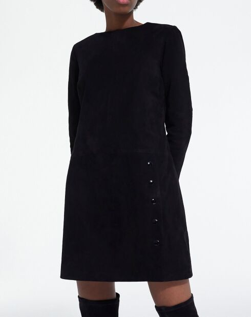 Langärmliges Kurzkleid aus Ziegenleder in Schwarz