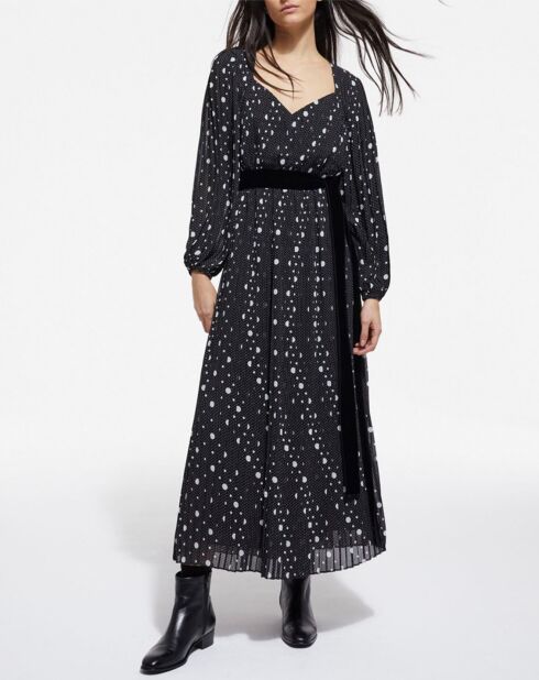 Robe longue plissée Polka Dots ceinture en Velours noir/écru