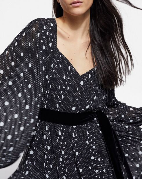 Robe longue plissée Polka Dots ceinture en Velours noir/écru