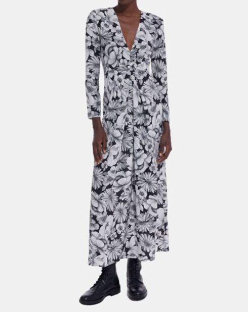 Robe Longue 100% Soie en Romantic Garden noir/blanc