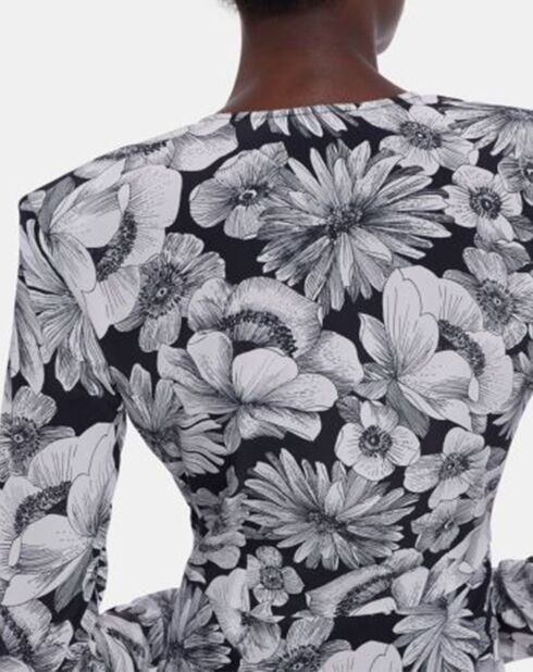 Robe Longue 100% Soie en Romantic Garden noir/blanc