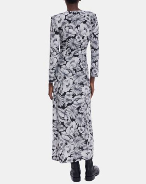 Robe Longue 100% Soie en Romantic Garden noir/blanc