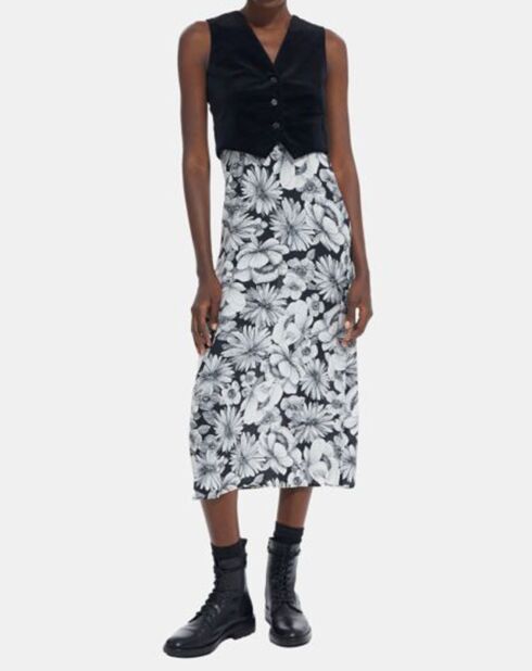 Robe longue en Coton & Soie Velours bas Romantic Garden noir/blanc