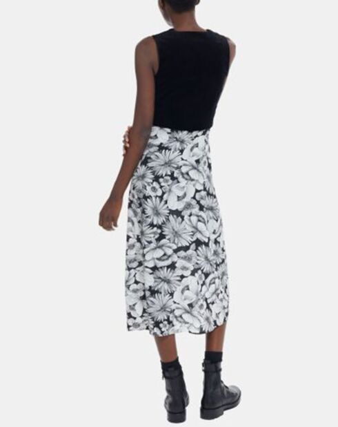 Robe longue en Coton & Soie Velours bas Romantic Garden noir/blanc