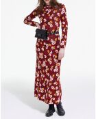 Robe 100% Laine Longue en Laine Jacquard Fleurie rouge foncé