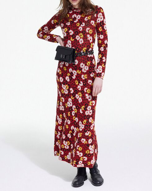 Robe 100% Laine Longue en Laine Jacquard Fleurie rouge foncé