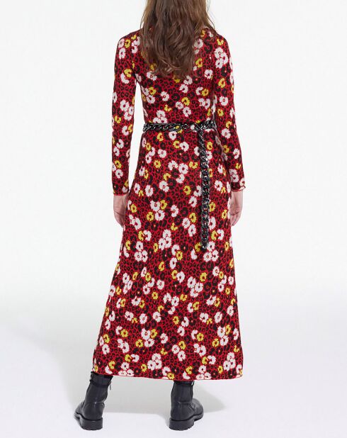 Robe 100% Laine Longue en Laine Jacquard Fleurie rouge foncé