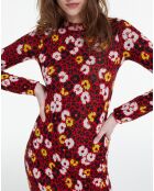 Robe 100% Laine Longue en Laine Jacquard Fleurie rouge foncé