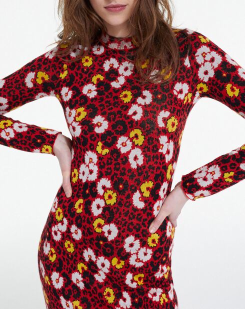Robe 100% Laine Longue en Laine Jacquard Fleurie rouge foncé