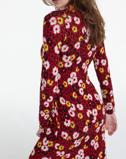 Robe 100% Laine Longue en Laine Jacquard Fleurie rouge foncé