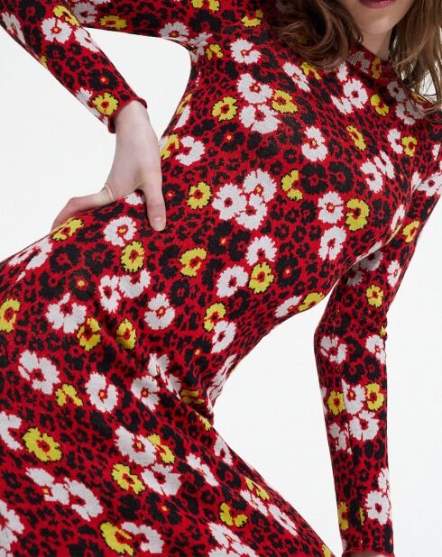Robe 100% Laine Longue en Laine Jacquard Fleurie rouge foncé