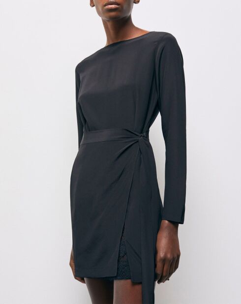 Robe 100% Soie Courte manches longues avec base Dentelle noire