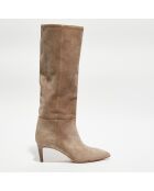 Bottes en Velours de Cuir beige moyen - Talon 6 cm