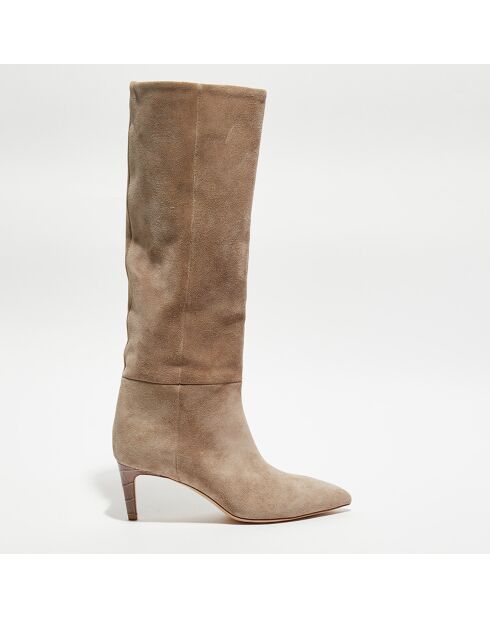 Bottes en Velours de Cuir beige moyen - Talon 6 cm