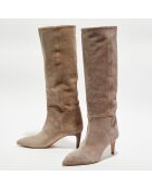 Bottes en Velours de Cuir beige moyen - Talon 6 cm