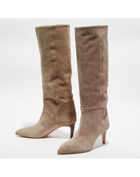 Bottes en Velours de Cuir beige moyen - Talon 6 cm