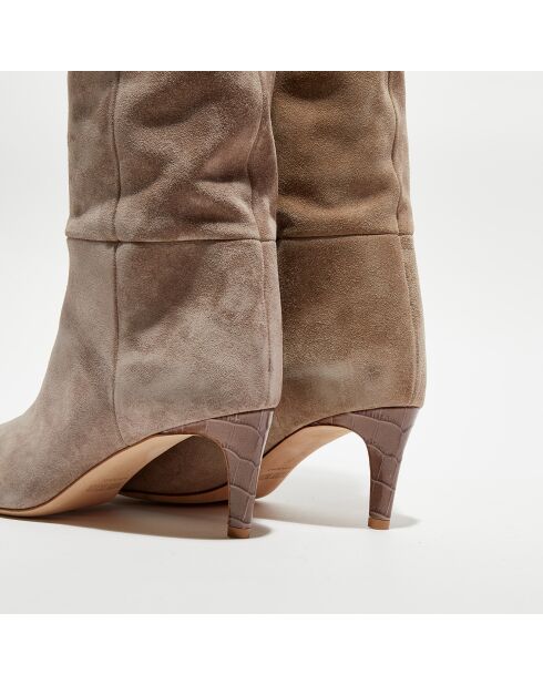 Bottes en Velours de Cuir beige moyen - Talon 6 cm