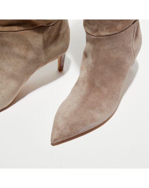 Bottes en Velours de Cuir beige moyen - Talon 6 cm