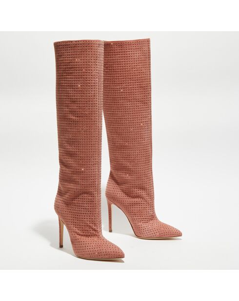 Bottes en Velours de Cuir & Strass roses - Talon 10.5 cm