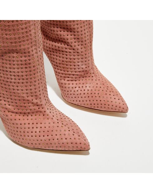 Bottes en Velours de Cuir & Strass roses - Talon 10.5 cm