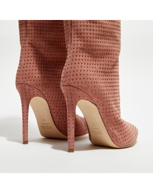 Bottes en Velours de Cuir & Strass roses - Talon 10.5 cm