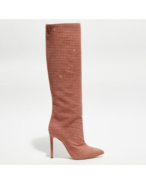 Bottes en Velours de Cuir & Strass roses - Talon 10.5 cm