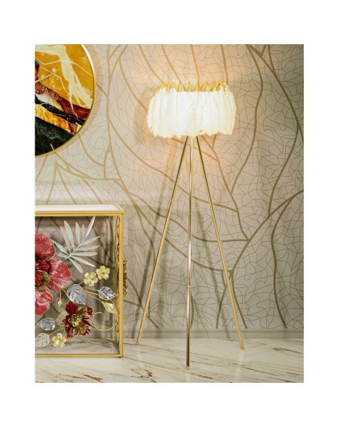 Goud/witte vloerlamp met veren - Ø 46x147 cm