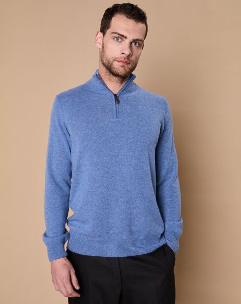 Pull 100% Cachemire John col camionneur bleu denim/gris