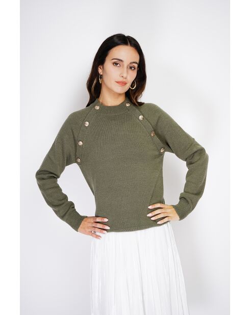 Pull en Cachemire mélangé boutons fantaisie kaki