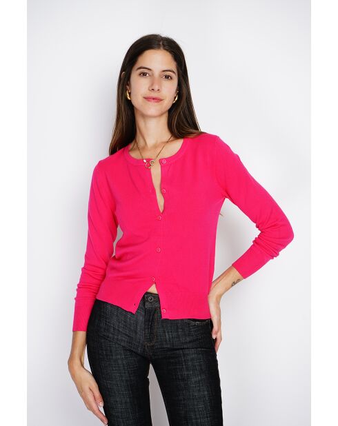 Cardigan en Cachemire mélangé ras de cou fushia