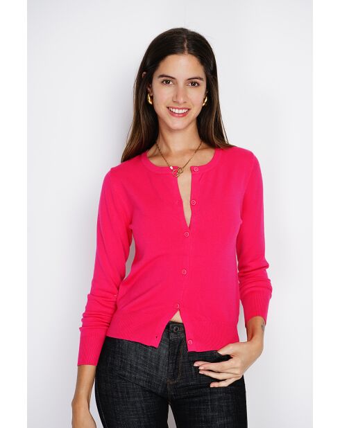 Cardigan en Cachemire mélangé ras de cou fushia