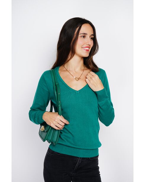 Pull en Cachemire & Soie mélangés col V vert amazone