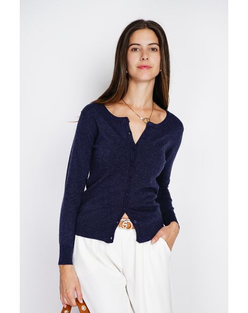 Cardigan en Cachemire & Soie mélangés ras du cou bleu nuit