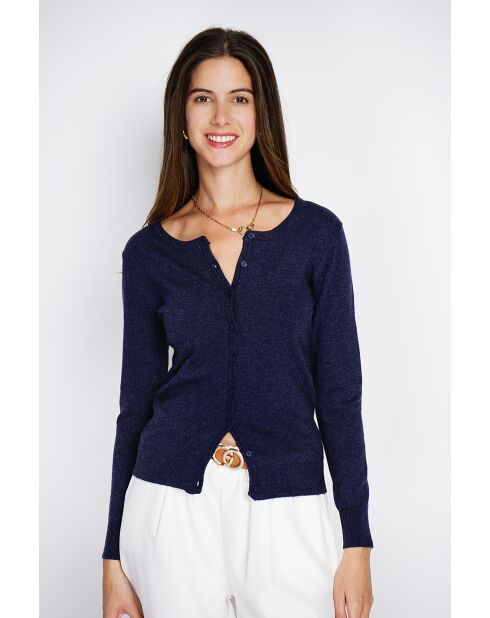 Cardigan en Cachemire & Soie mélangés ras du cou bleu nuit