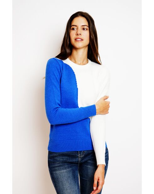 Pull en Cachemire mélangé col ras du cou en bi-couleur royal