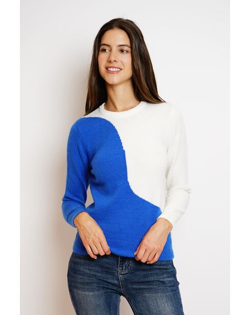 Pull en Cachemire mélangé col ras du cou en bi-couleur royal